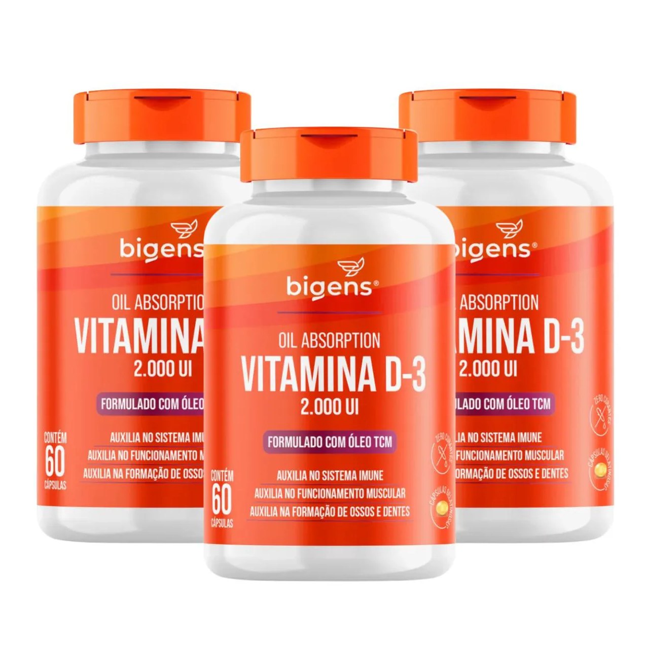 3X VITAMINA D3 2000UI COM TCM 400MG BIGENS 60 CAPSULAS SEM Sabor