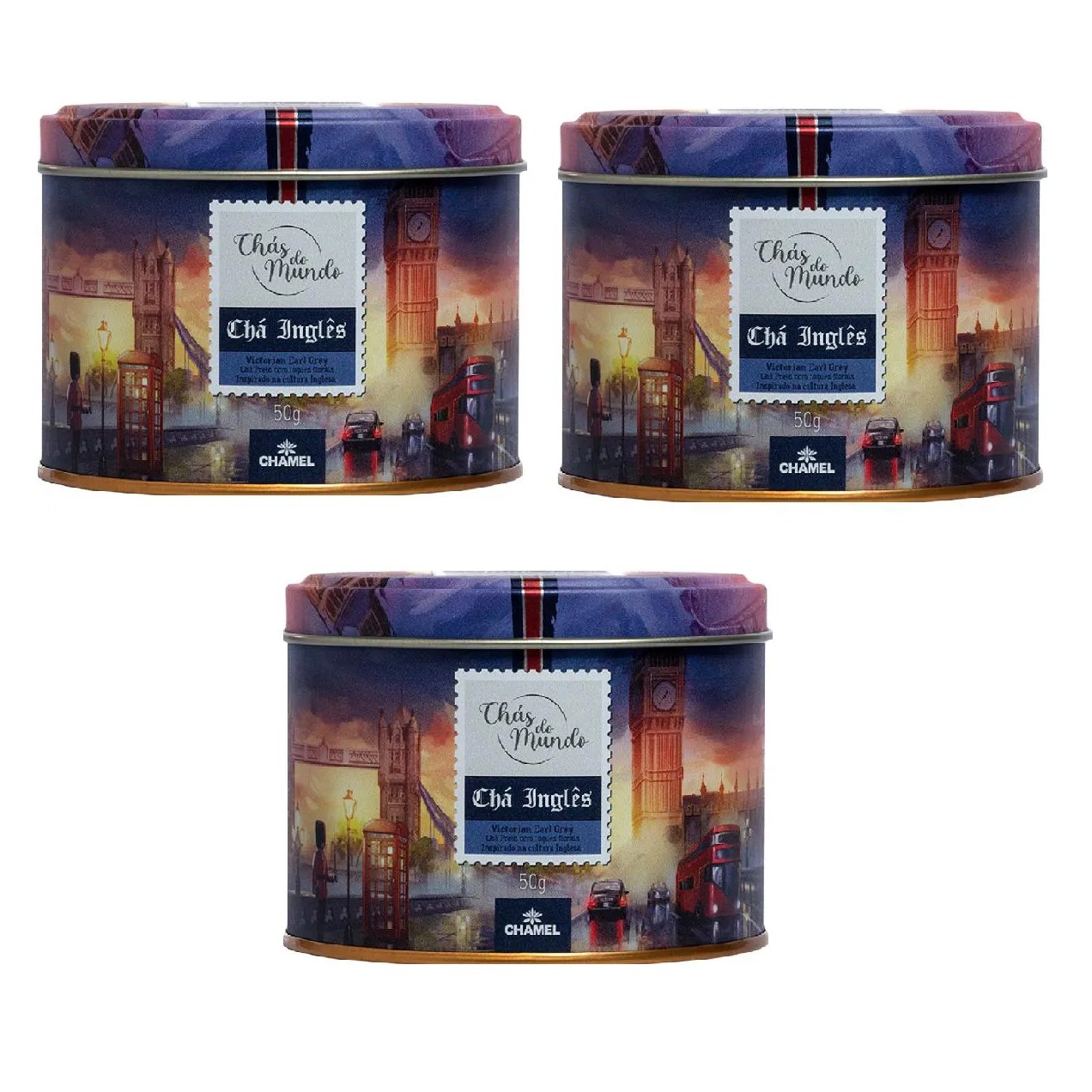 Kit 03 Chás do Mundo Pouch Chá Inglês Lata 50g - Chamel