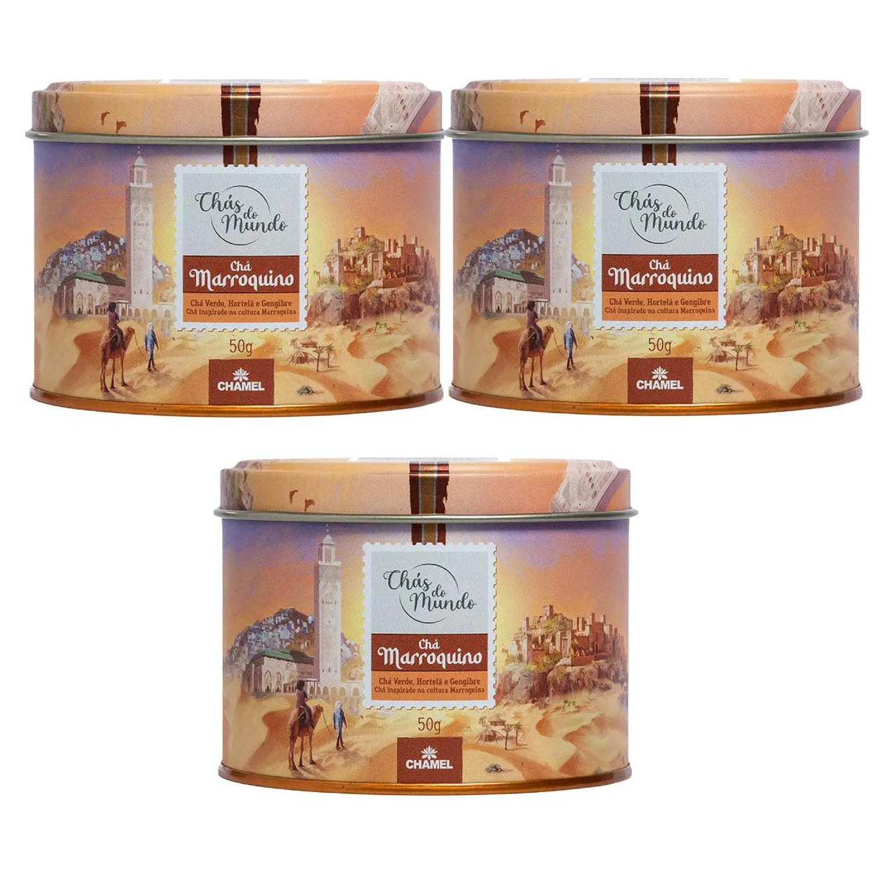 Kit 03 Chás do Mundo Pouch Chá Marroquino Lata 50g - Chamel