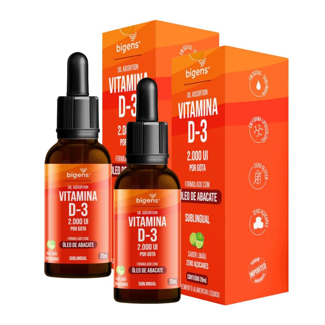 2X VITAMINA D3 2000UI ÓLEO DE ABACATE BIGENS LIMãO 20ML