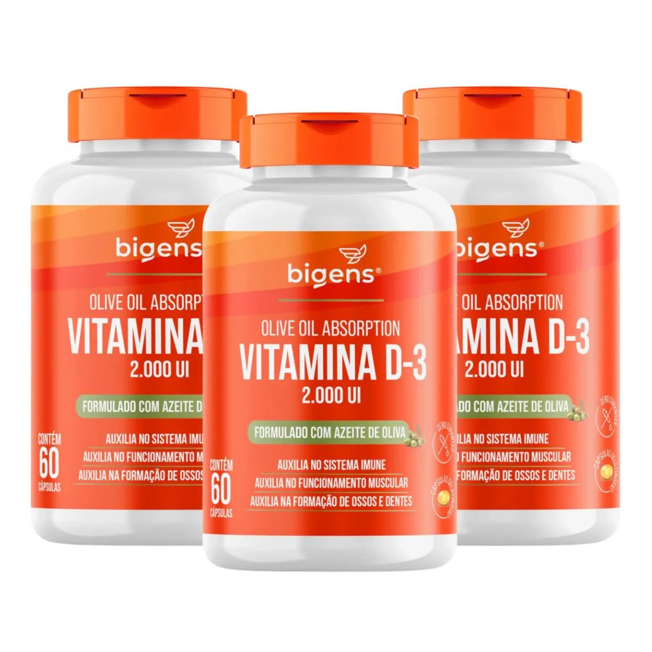 3X VITAMINA D3 2000UI ÓLEO DE OLIVA BIGENS 60 CAPSULAS SEM Sabor
