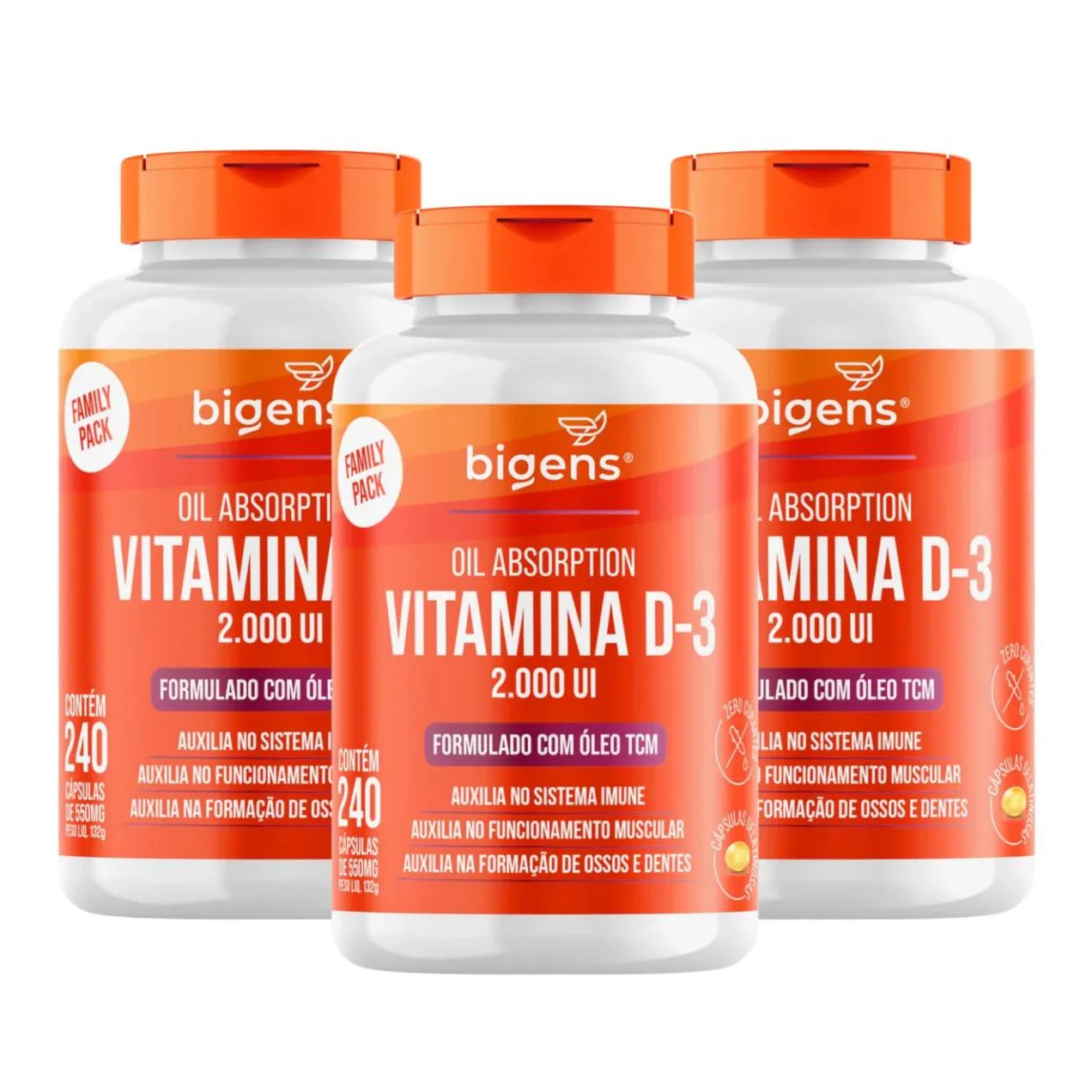 3X VITAMINA D3 2000UI + K2 MK7 ÓLEO DE OLIVA BIGENS 60 CAPSULAS SEM Sabor
