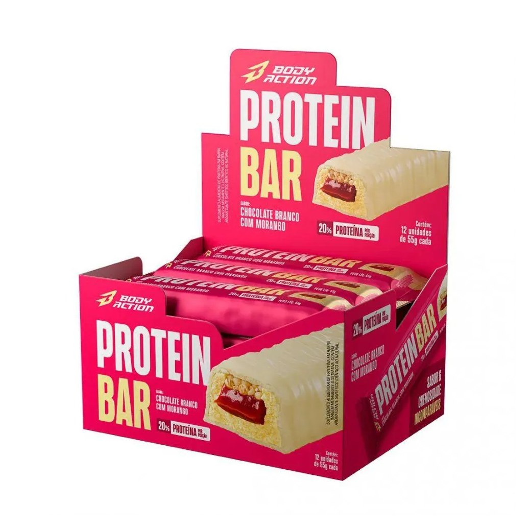 Protein Bar (display 12 Unid 55g) - Sabor: Chocolate Branco c/ Morango