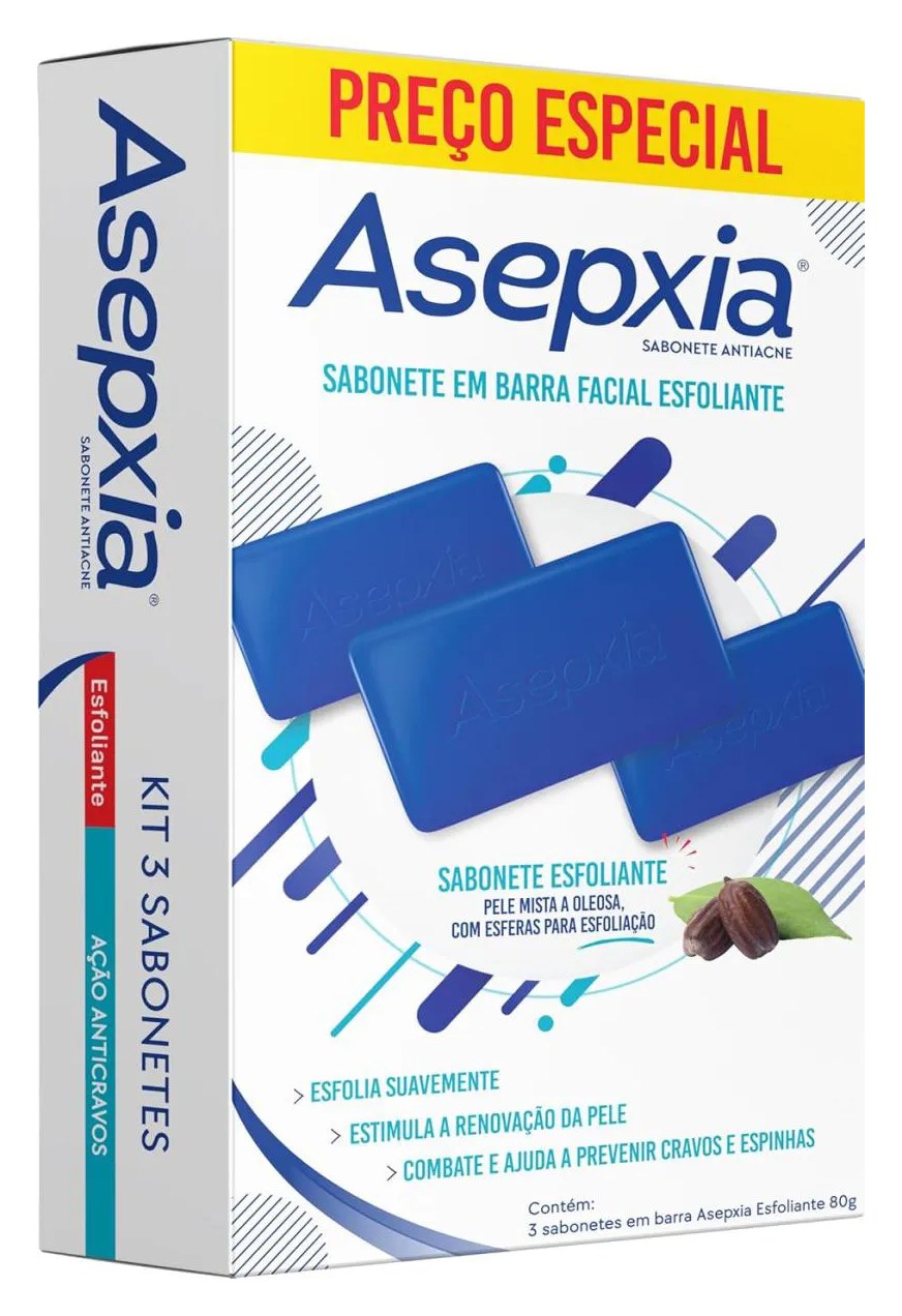 Sabonete em Barra Asepxia Esfoliante - Ação Anti Cravos - Kit com 3 Unidades de 80g