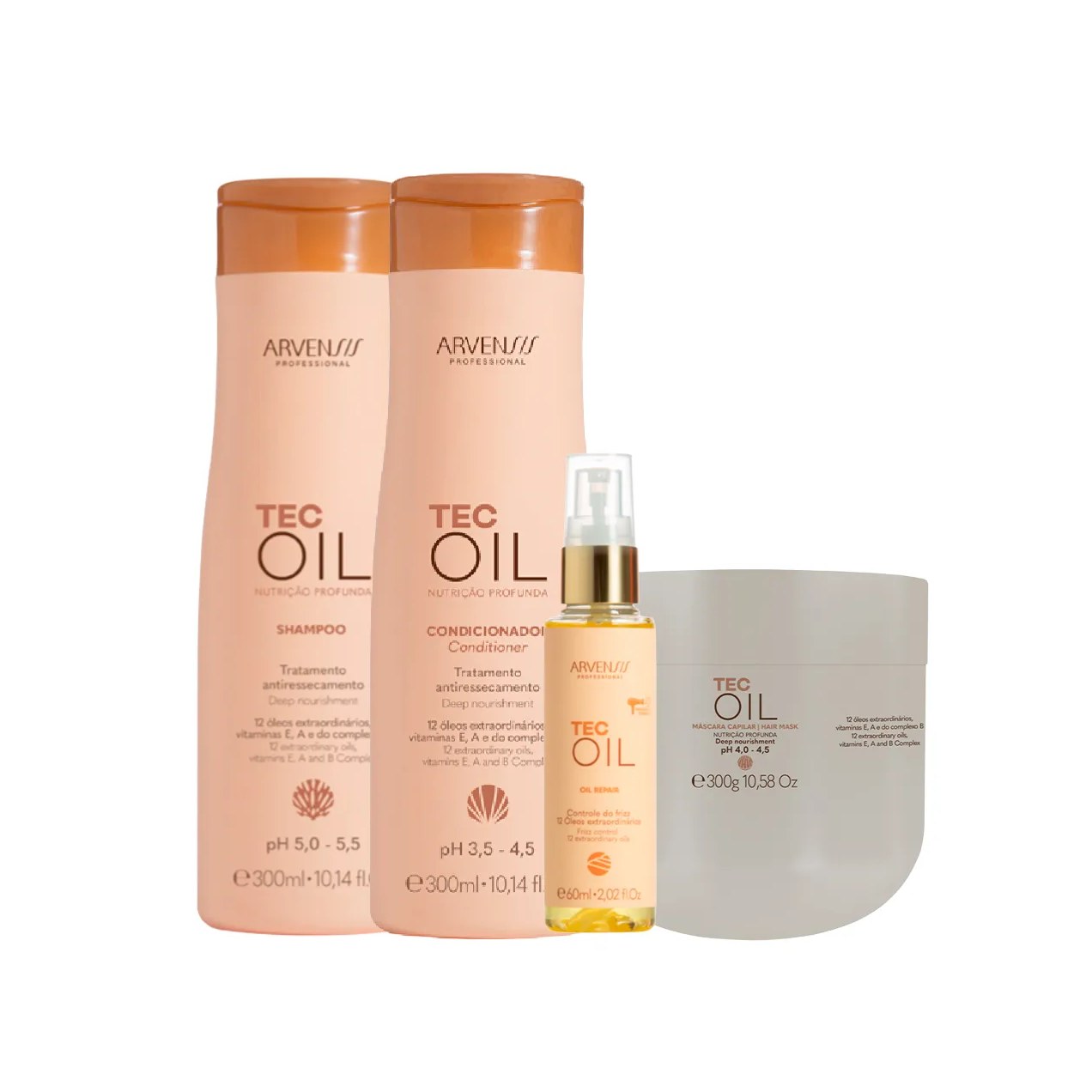 Kit Arvensis Tec Oil Nutrição Profunda Shampoo 300ml + Condicionador 300ml + Máscara 300g + Óleo Reparador 45ml