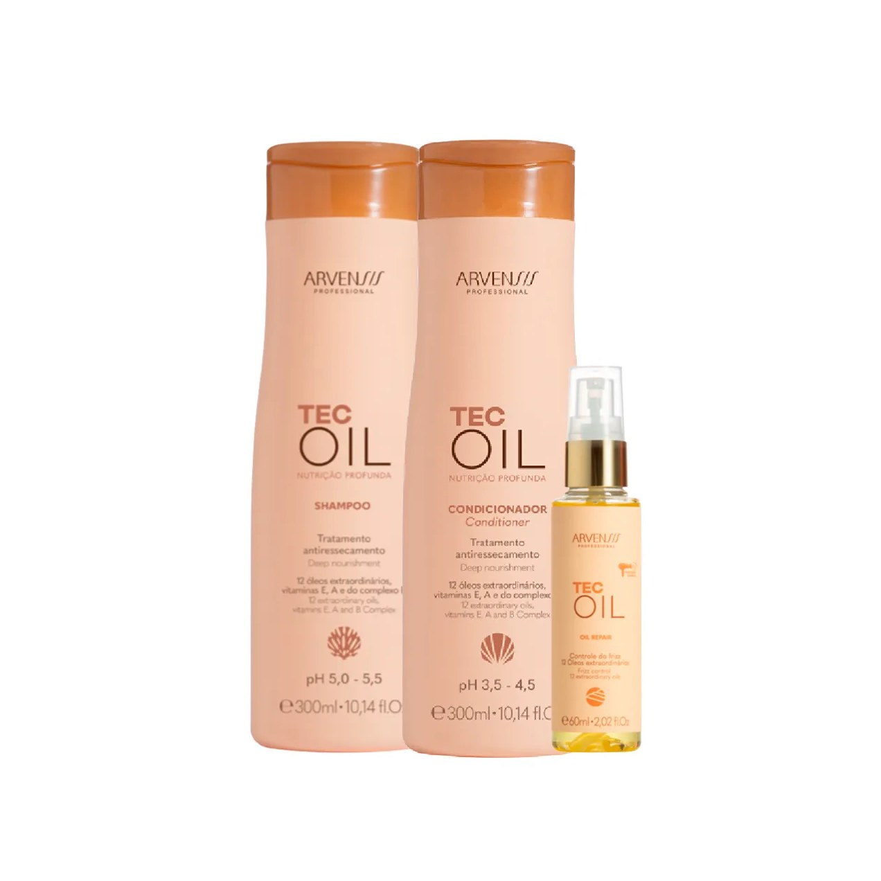 Kit Arvensis Tec Oil Nutrição Profunda Shampoo 300ml + Condicionador 300ml + Óleo Reparador 45ml