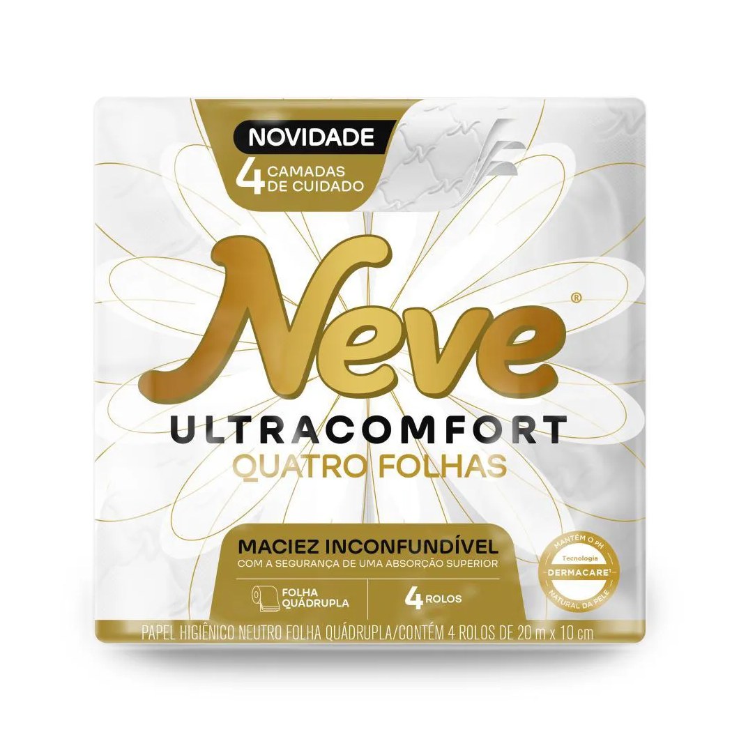 Papel Higiênico Neve Folha Quadrupla Neutro Ultracomfort 20M Pacote 4 Unidades