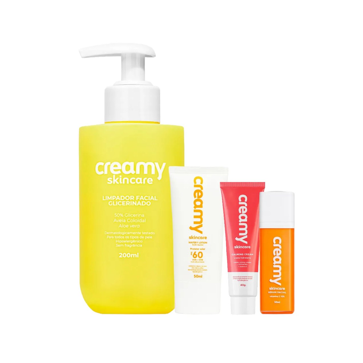 Kit Facial Creamy Skincare Protetor Solar FPS 60 50ml + Creme Hidratante Calming 40g + Sérum Vitamina C 30g + Limpador Glicerinado 200ml