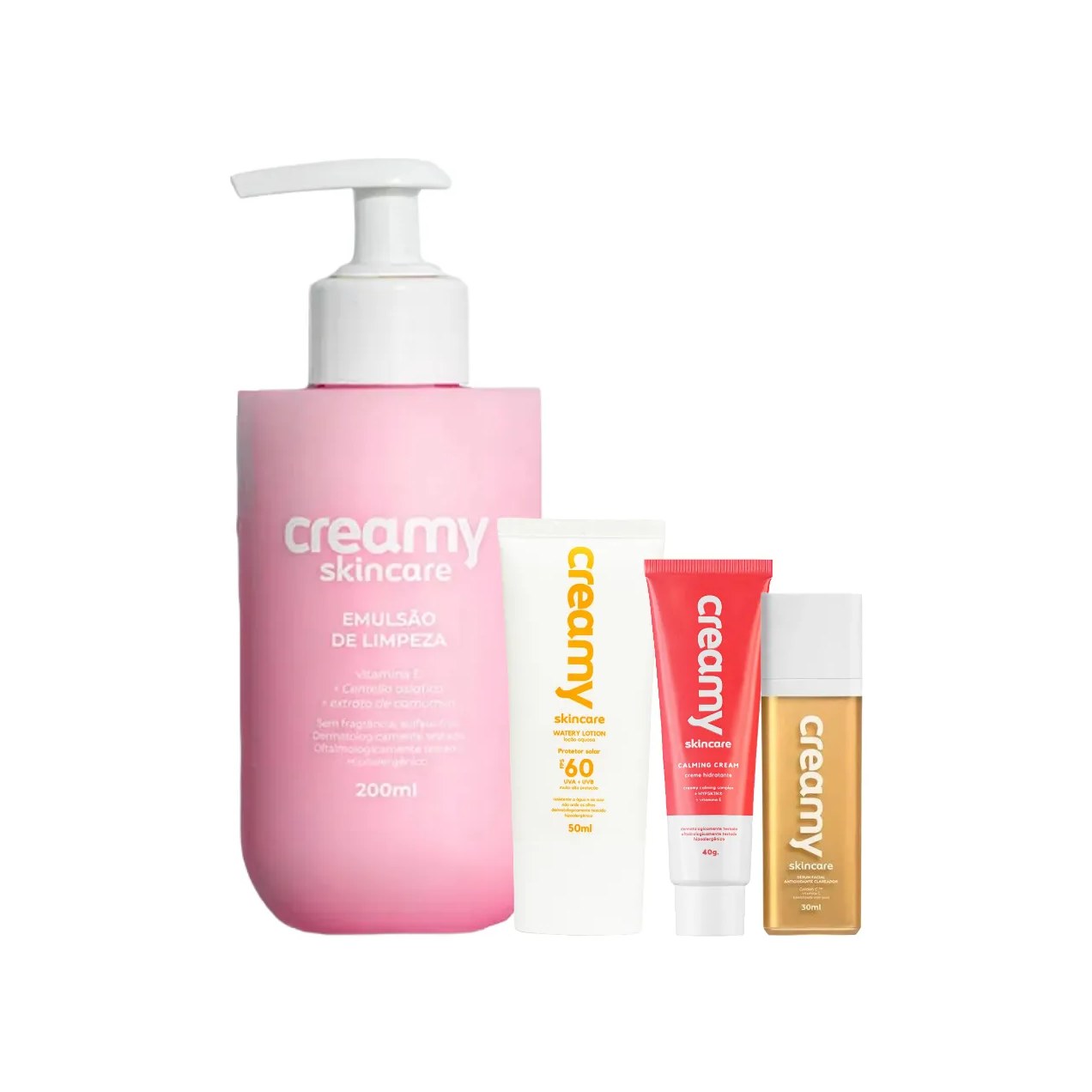 Kit Facial Creamy Skincare Protetor Solar FPS 60 50ml + Creme Hidratante Calming 40g + Emulsão de Limpeza 200ml + Sérum Clareador Vitamina C 30ml