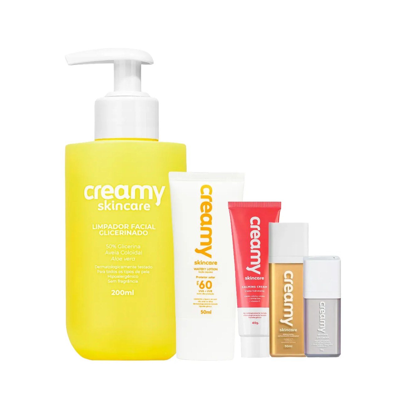 Kit Facial Creamy Skincare Protetor Solar FPS 60 50ml + Creme Hidratante 40g + Limpador Glicerinado 200ml + Sérum Clareador 30ml + Creme de Olhos 15g