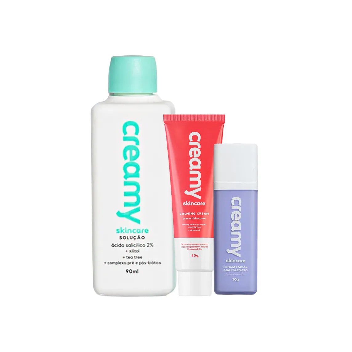 Kit Facial Creamy Skincare Tônico Antiacne Esfoliante 90ml + Creme Hidratante Facial Calming 40g + Sérum Facial Adapalenato 30g