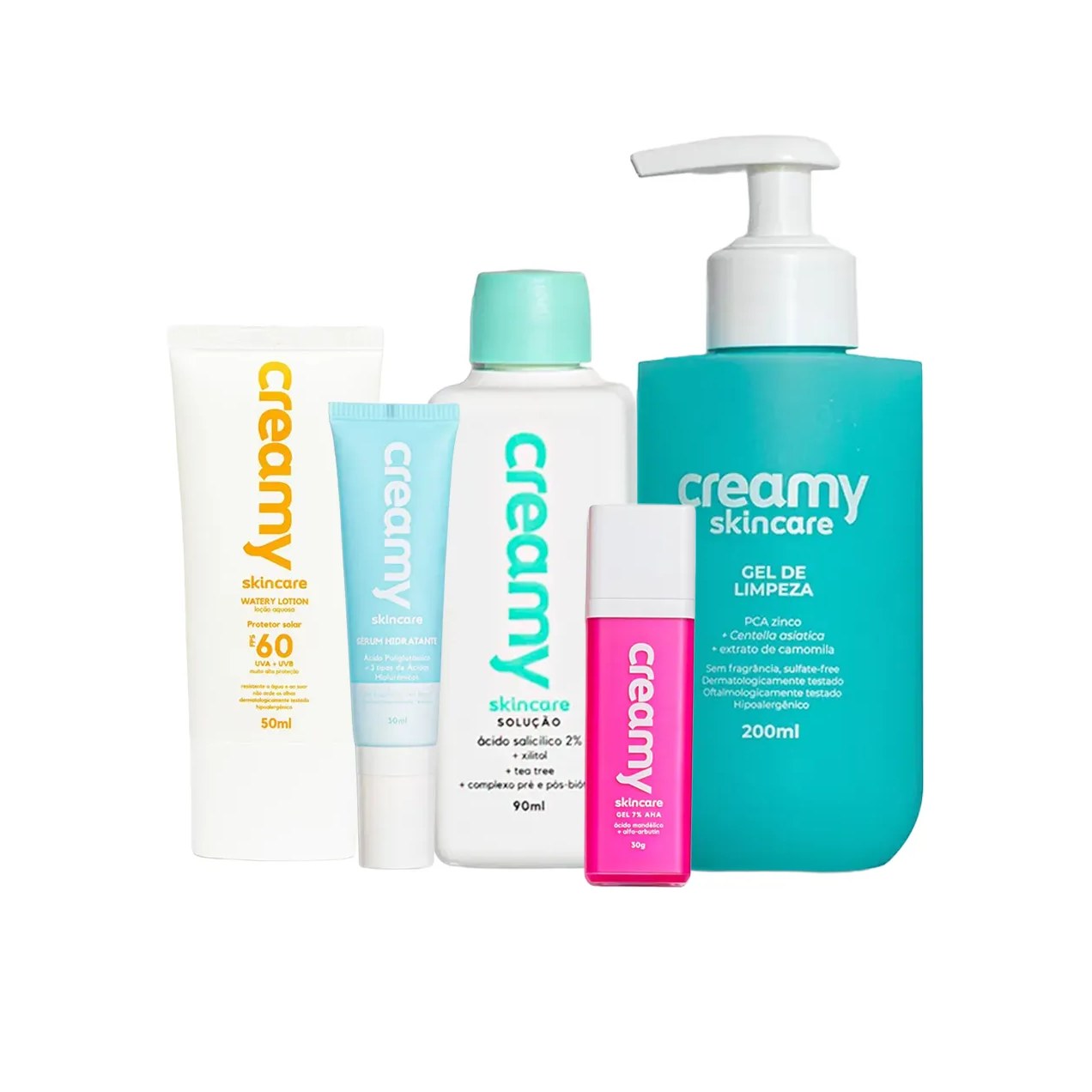 Kit Creamy Facial Gel de Limpeza 200ml + Tônico Antiacne 90ml + Sérum Hidratante 30ml + Protetor Solar FPS 60 + Gel Clareador Antiacne 30g