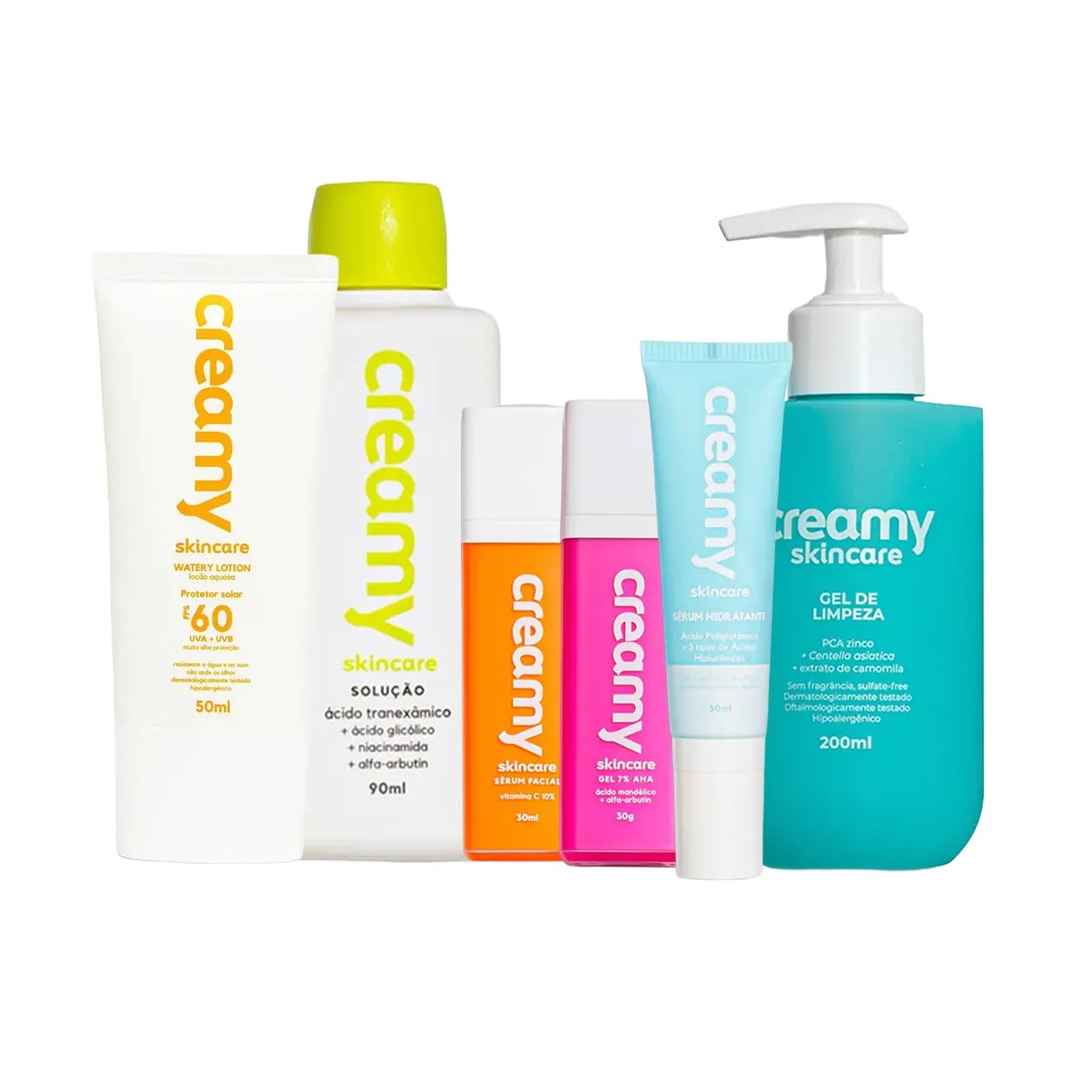 Kit Facial Creamy Gel de Limpeza 200ml + Tônico Clareador 90ml + Sérum Facial Vitamina C + Sérum Facial Hidratante 30ml + Protetor Solar FPS 60 50ml + Gel Clareador Antiacne 30g