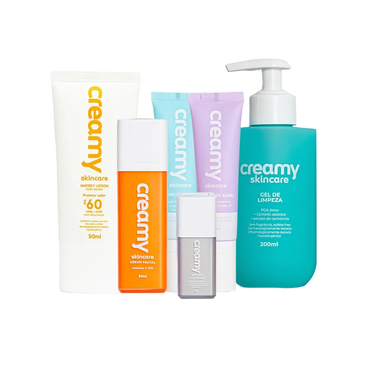 Kit Facial Creamy Gel de Limpeza 200ml + Sérum Vitamina C 30g + Sérum Anti-Idade 30ml + Sérum Hidratante 30ml +  Creme para Área dos Olhos 15g + Protetor Solar  FPS 60 50ml