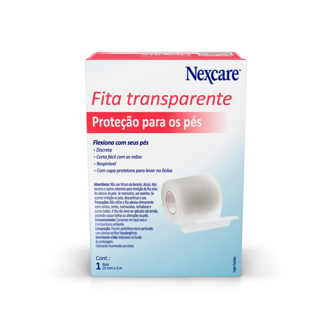 Fita Protetora para os Pés Nexcare Transparente com 1 rolo de 25mmx3m