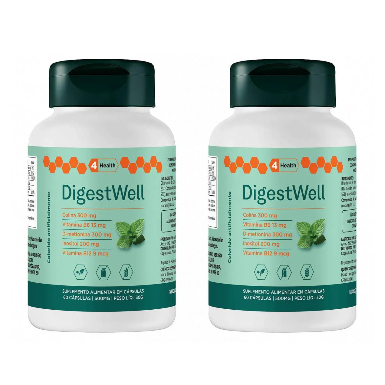 Digestwell (Suporte Digestivo) – Colina, Inositol, D-Metionina, Vitaminas B6, B12 | 60 Capsulas - 4 Health - 2 Potes