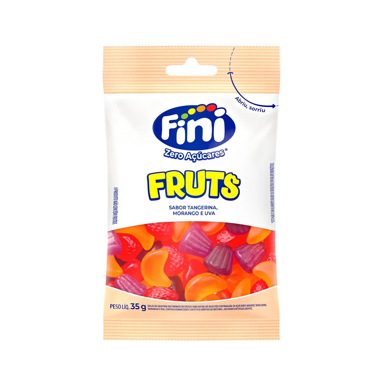 Balas de Gelatina Fini Zero Açúcares Fruts Morango Tangerina e Uva 35g