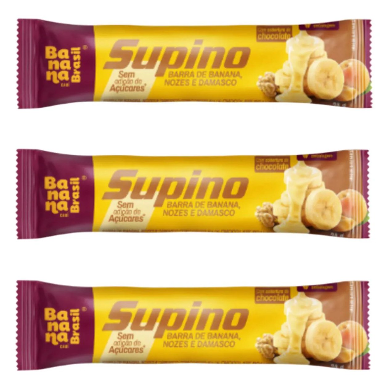 Kit 3 Barra de Banana com Nozes e Damasco com Chocolate Branco 24G Banana Brasil