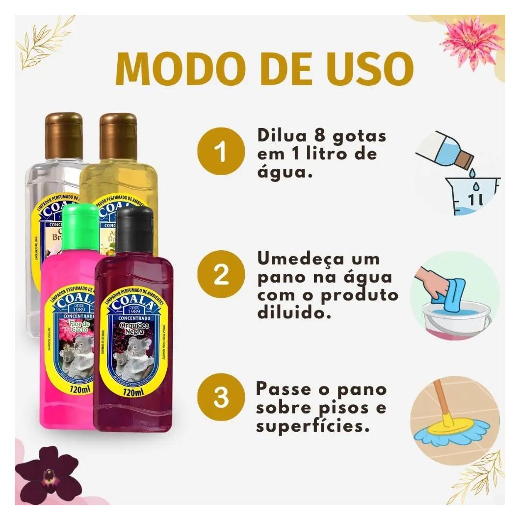 Kit Coala Limpadores Perfumados: Chá Branco, Ameixa Dourada, Flor de Cacto e Orquídea Negra 120ml