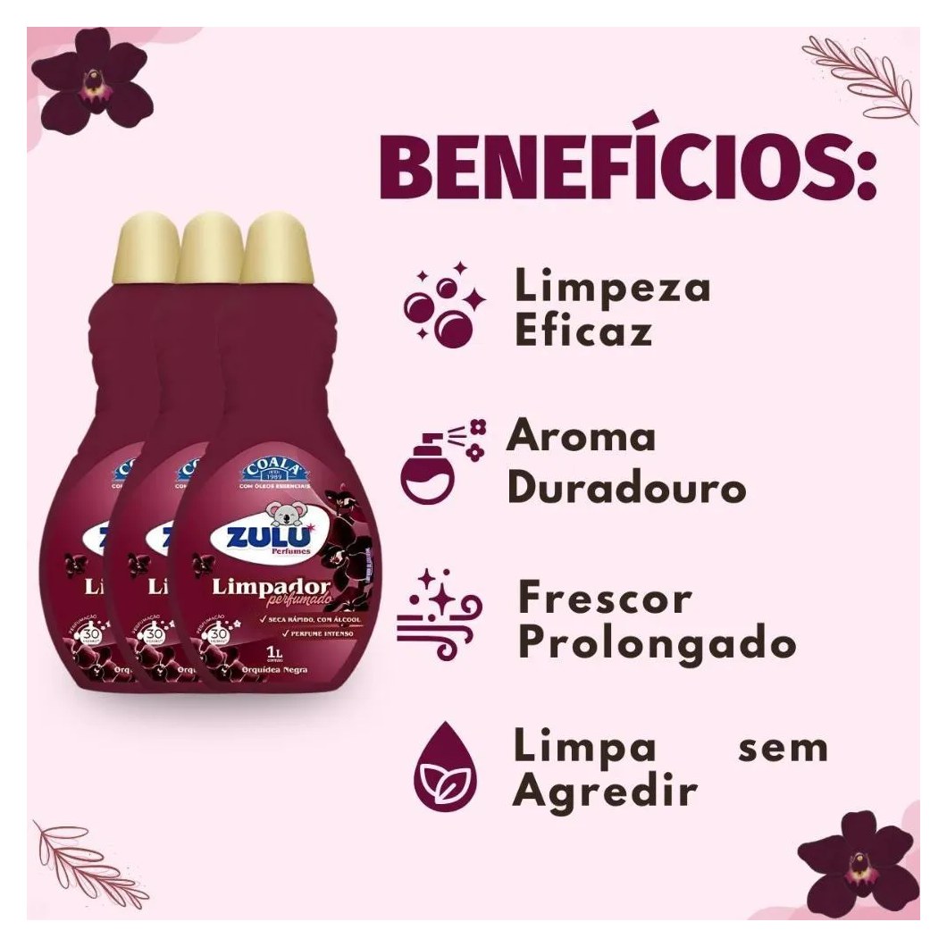 Kit Coala Zulu Perfumes: 3 Limpadores Perfumados Orquídea Negra 1l