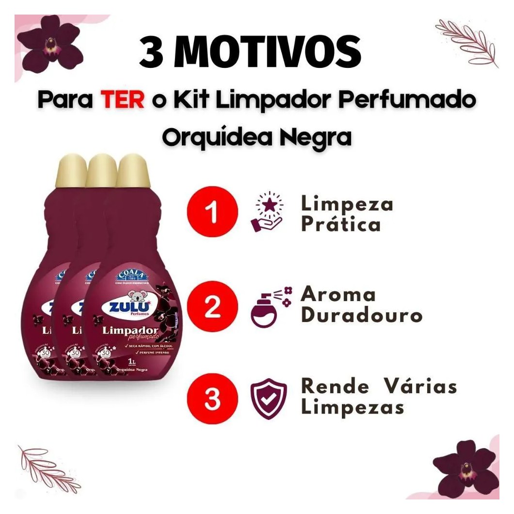 Kit Coala Zulu Perfumes: 3 Limpadores Perfumados Orquídea Negra 1l