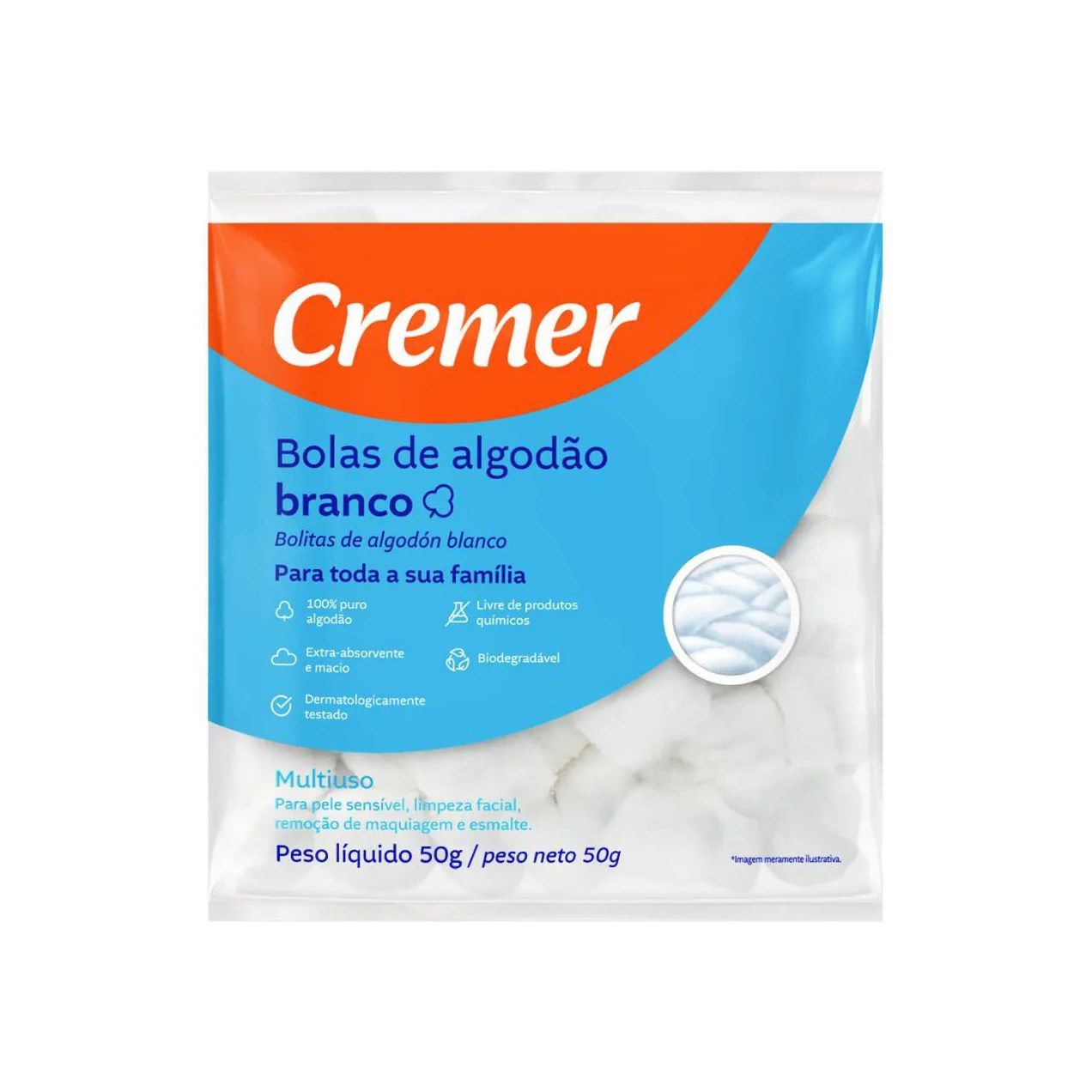 Algodão Bola Branco Cremer 50G Puro Pacote Unhas - Curativo