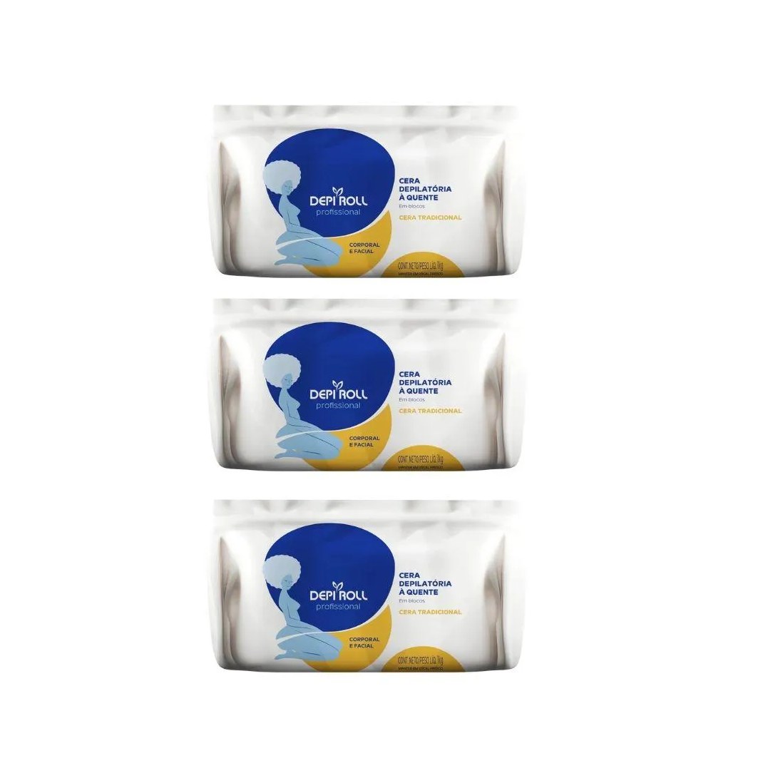 Depilatorio Depiroll Cera 1Kg Blocos Tradicional - Kit C/3Un