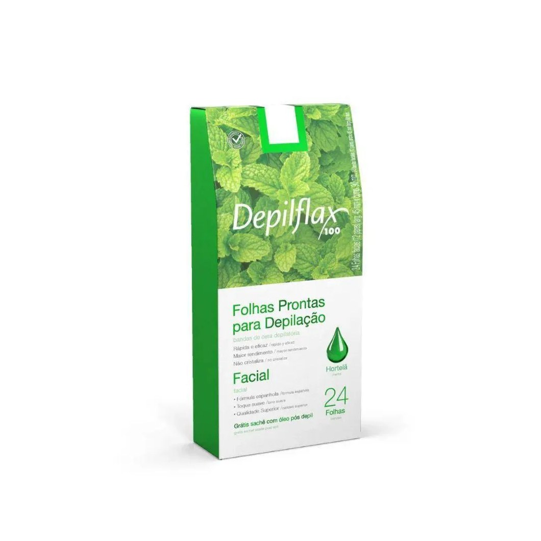 Folhas Prontas para Depilação Facial Buço Sobrancelha Depilflax Hortelã 24Un
