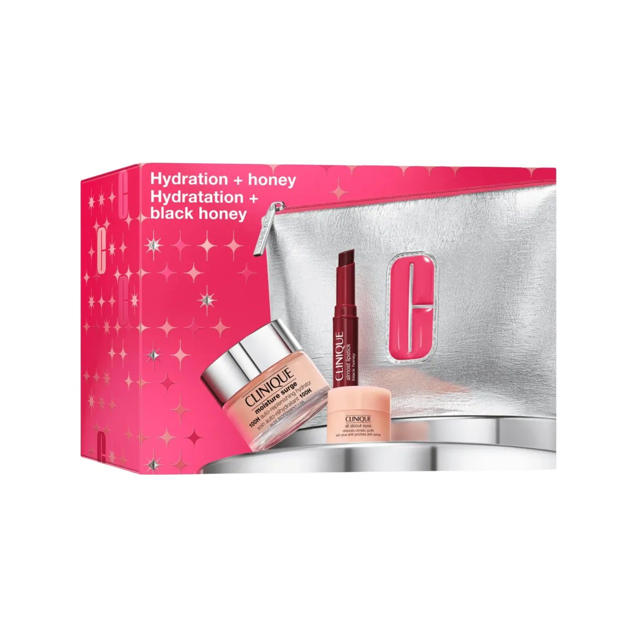 Kit Clinique Essenciais Hidratante Facial Moisture Surge 100H 50ml + Gel-Creme Olhos All About Eyes 5ml + Batom Lipstick Black Honey 1,2g