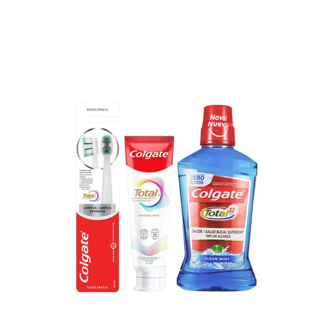 Kit Colgate Total Creme Dental Prevenção Ativa Original Mint 140g + Escova de Dente Macia 2 unidades + Enxaguante Bucal Sem Álcool Clean Mint 500ml