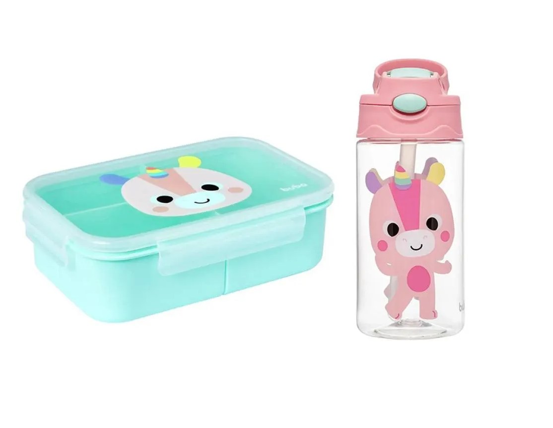 Kit Buba Garrafinha  450Ml + Bento Lunchbox com Divisórias Unicórnio