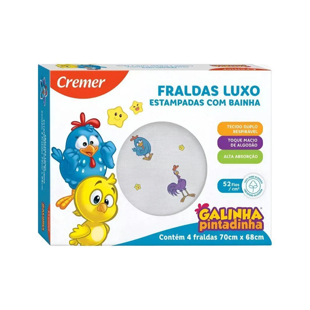 Fralda de Pano Cremer com Bainha Galinha Pintadinha 04 Unid