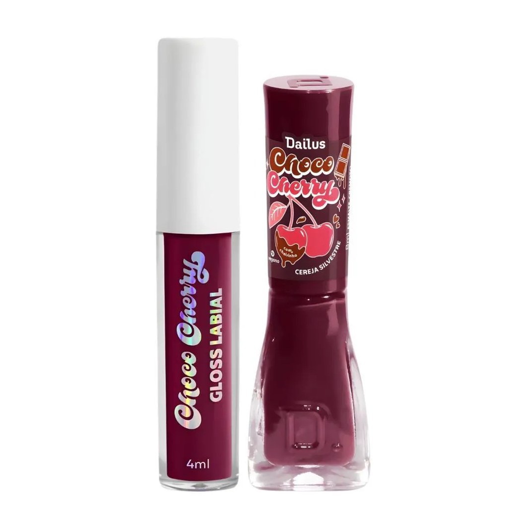 Kit Dailus Choco Cherry Cereja Silvestre: Gloss Labial 4Ml e Emalte Cremoso 8Ml