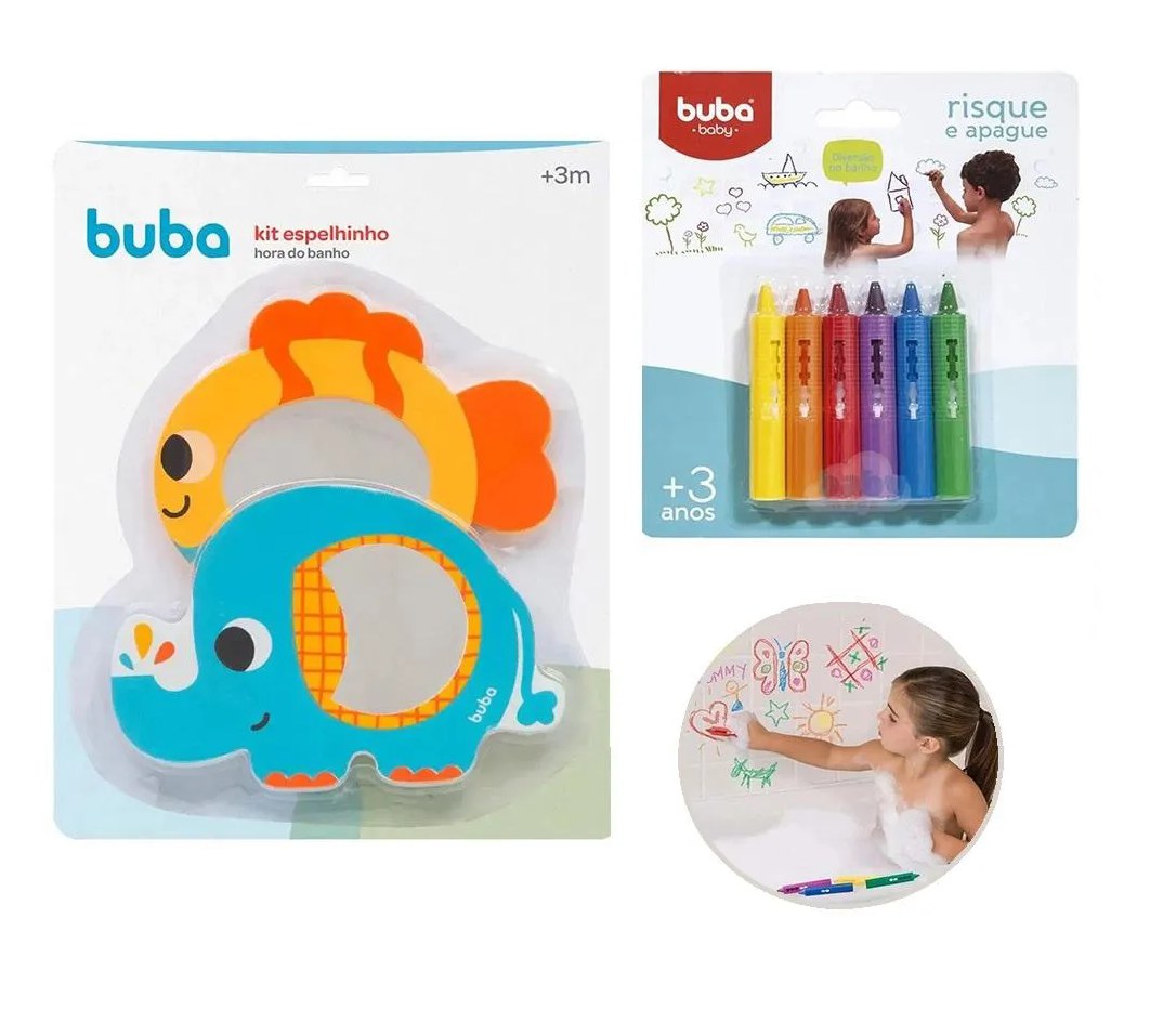 Kit Espelhinhos para Banho 2Und  + Giz de Banho Risque e Apague 6 Cores Buba