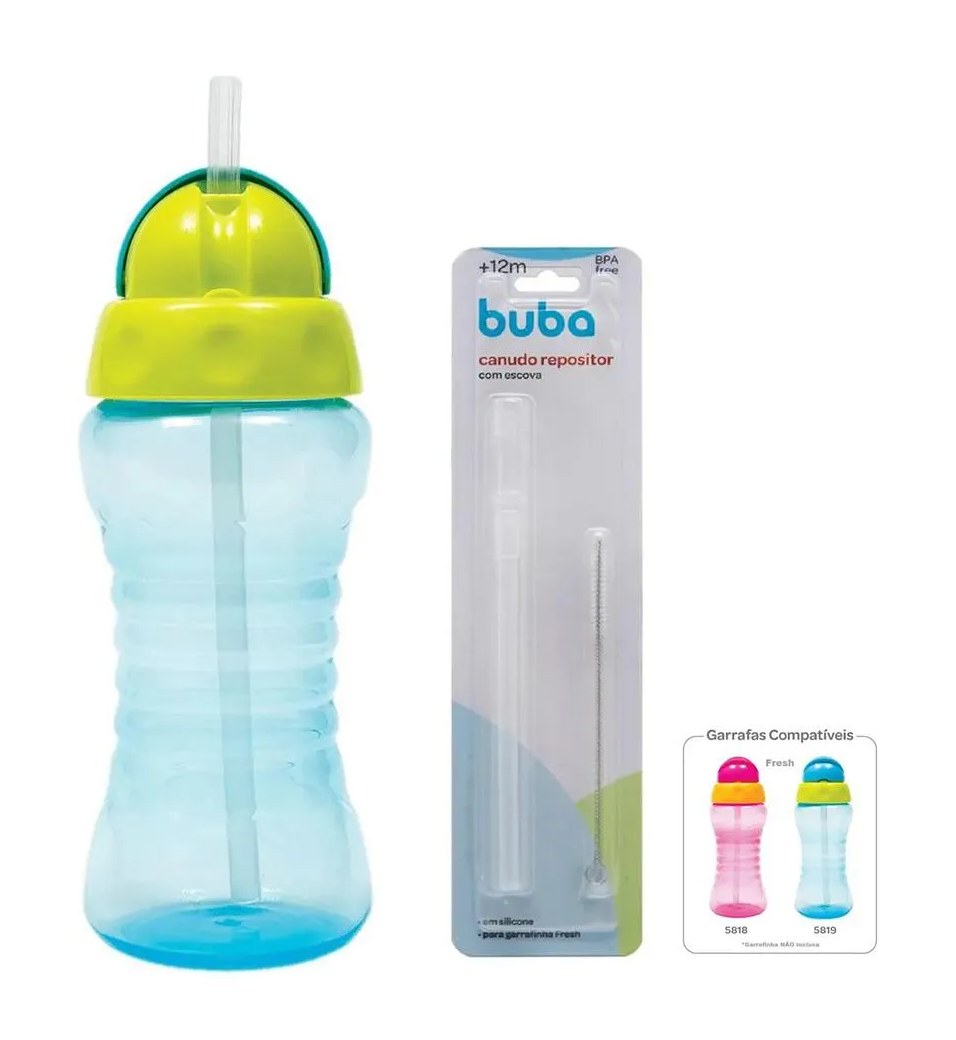 Kit Garrafinha Fresh  com Canudo Silicone  300Ml + Canudo com Escova Buba