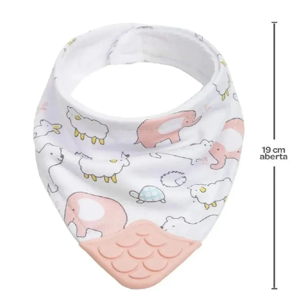 Kit Joelheira Infantil Antiderrapante +6M +  Babador Bandana C/Mordedor Animais Rosa Buba