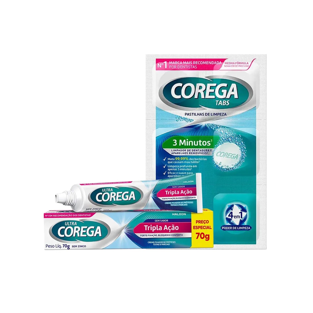 Kit Corega Creme Fixador Ultra Tripla Ação Sem sabor 70g + Tabs Limpeza 3 Minutos 6 Pastilhas