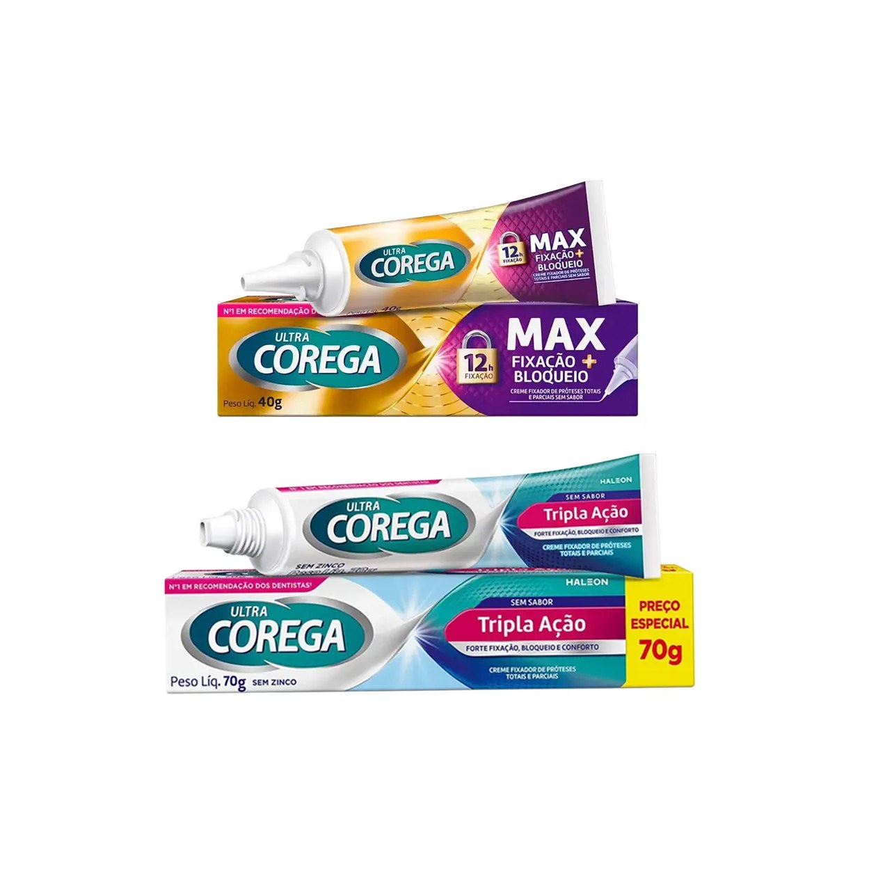 Kit Creme Fixador de Dentadura Corega Ultra Tripla Ação Sem Sabor 70g + Max Fixação 40g