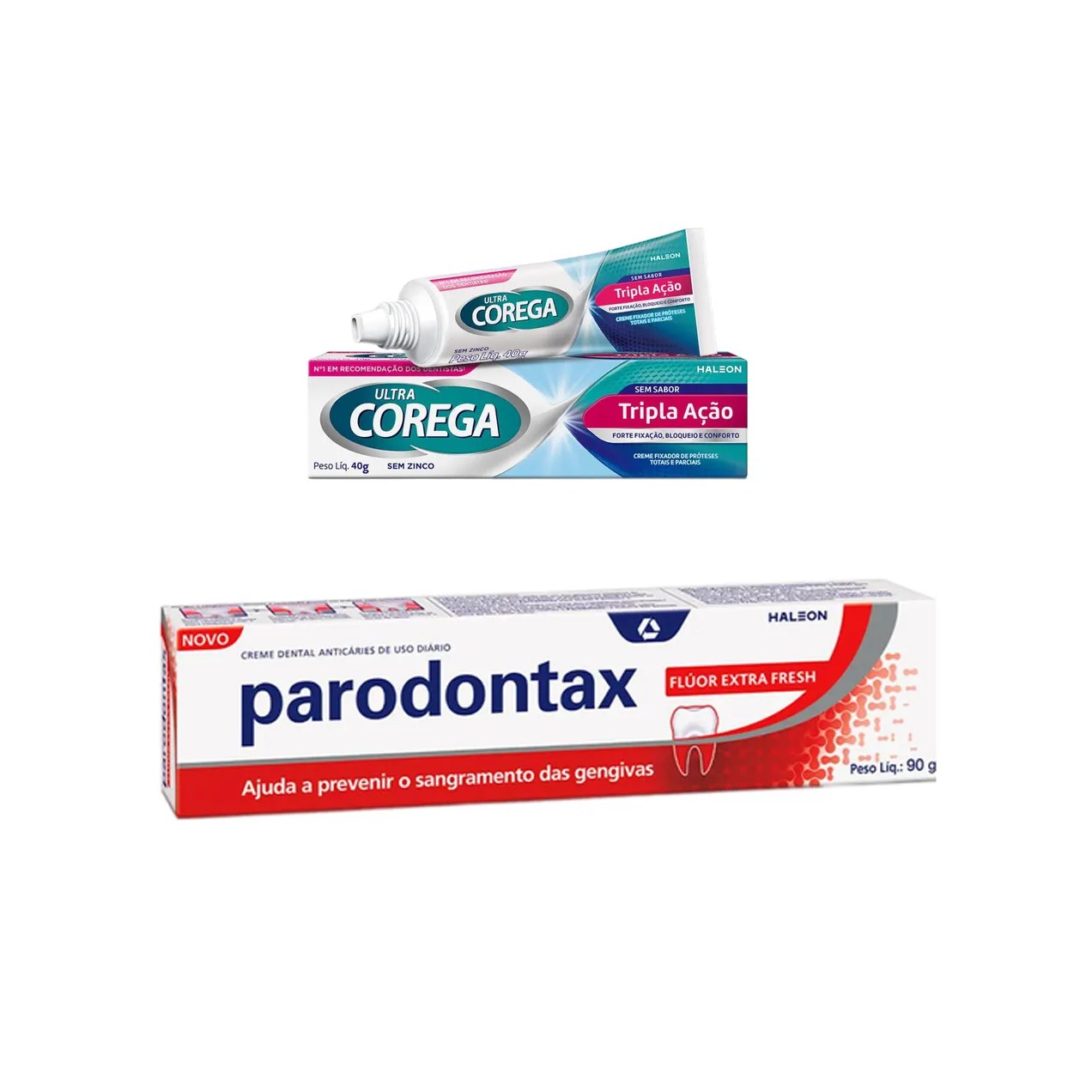 Kit Creme Fixador de Dentadura Ultra Corega Tripla Ação Sem Sabor 40g + Creme Dental Parodontax Flúor Extra Fresh 90g