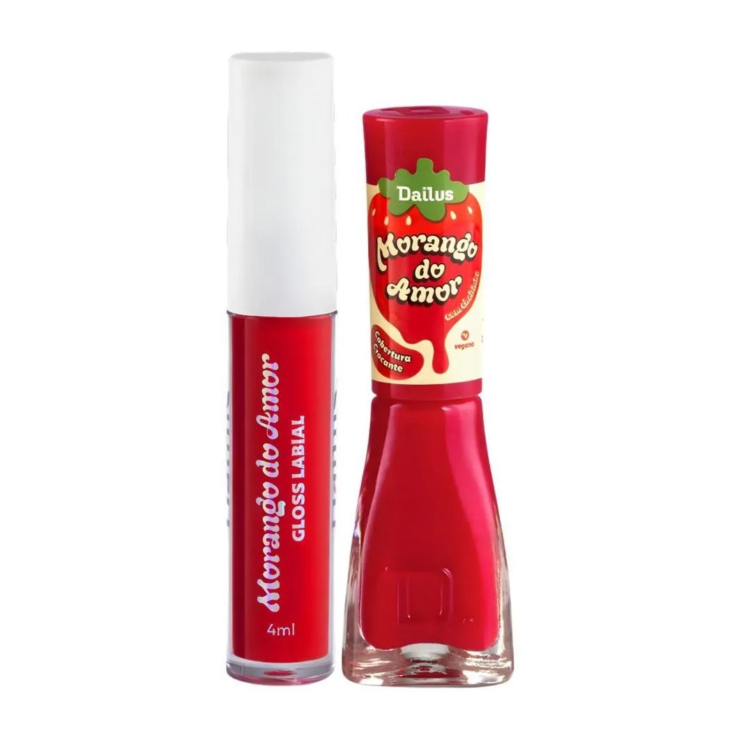 Kit Dailus Morango do Amor Cobertura Crocante: Gloss Labial 4Ml e Esmalte Cremoso 8Ml