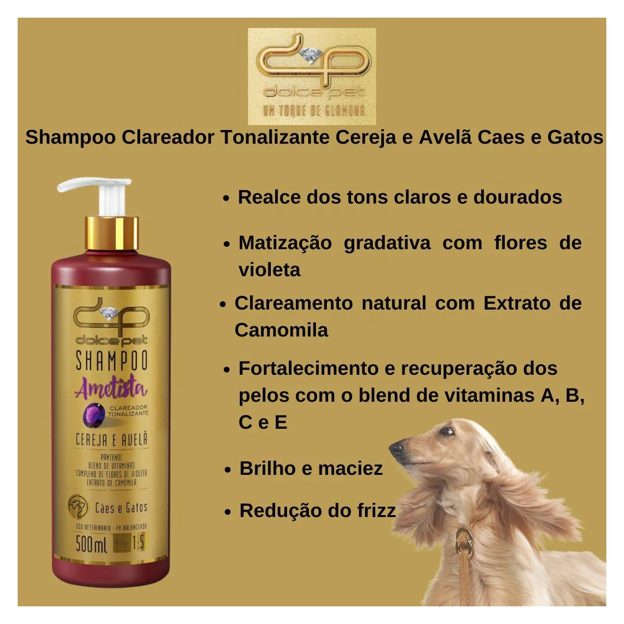 Shampoo Clareador Tonalizante Cereja e Avelã Dolce Pet Cães e Gatos - 500 Ml