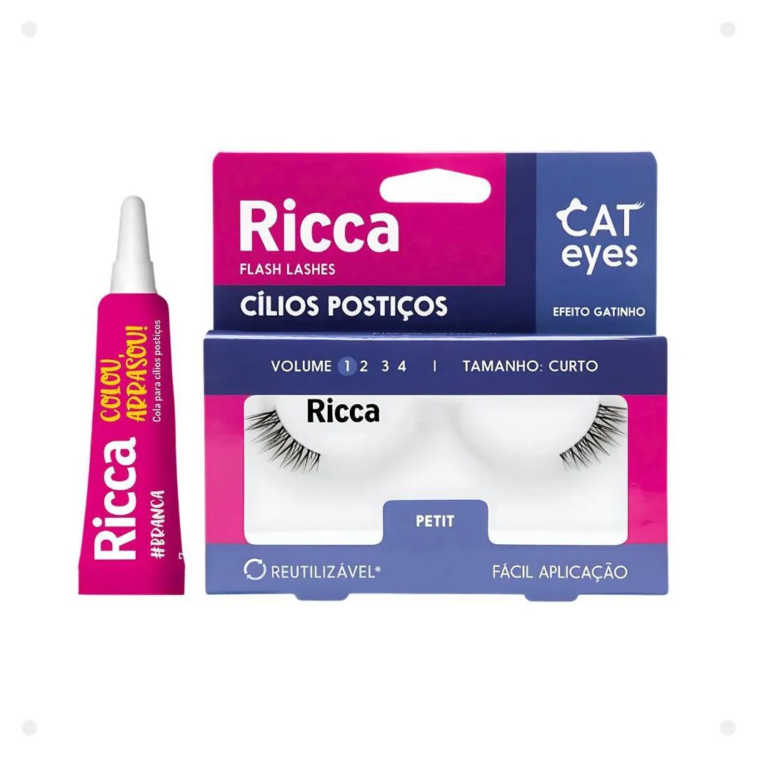 Cílios Postiços + Cola Branca Ricca Belliz Cat Eyes Petit Vol:1 Curto