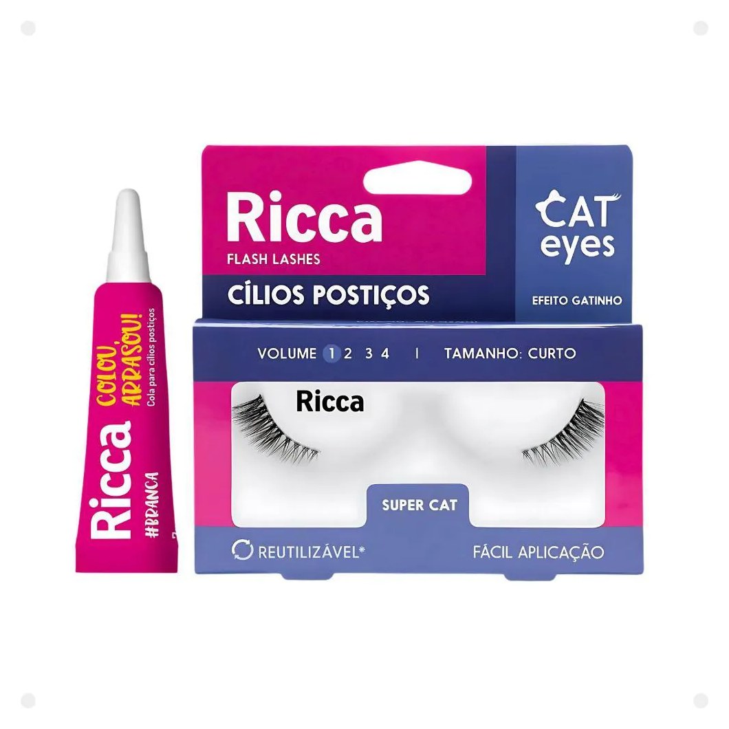 Cílios Postiços + Cola Branca Ricca Belliz Cat Eyes Super Cat Vol:1 Curto