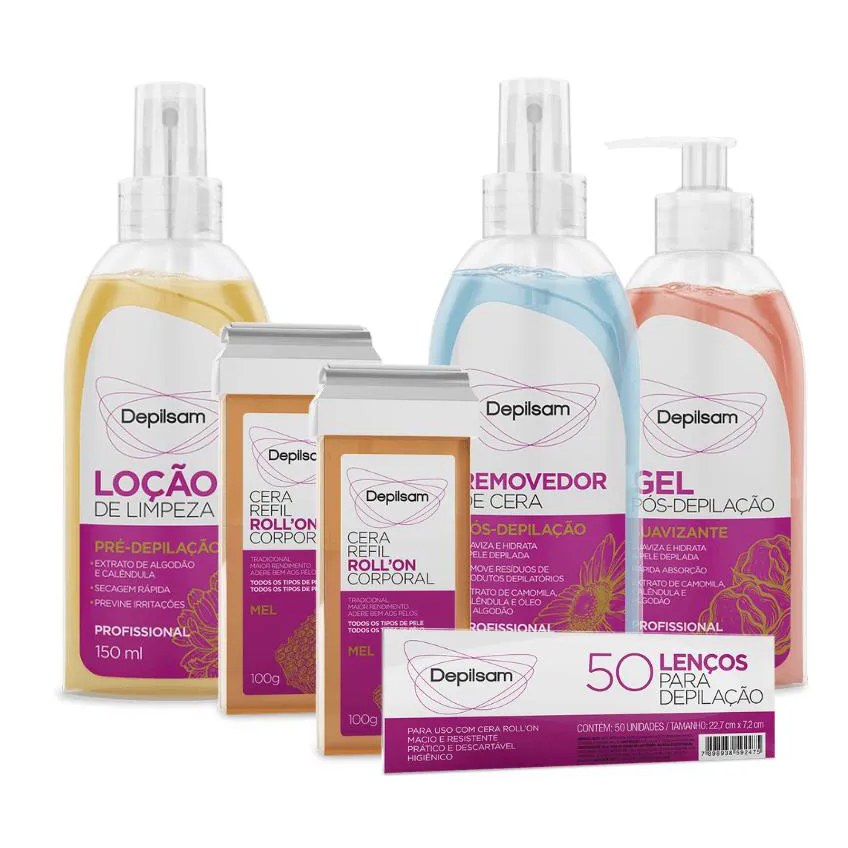 Kit Completo Cera Refil Roll-On + Lenços + Removedor de Cera + Loção de Limpeza Pré Depilação + Gel Pós Depilação Mel Depilsam
