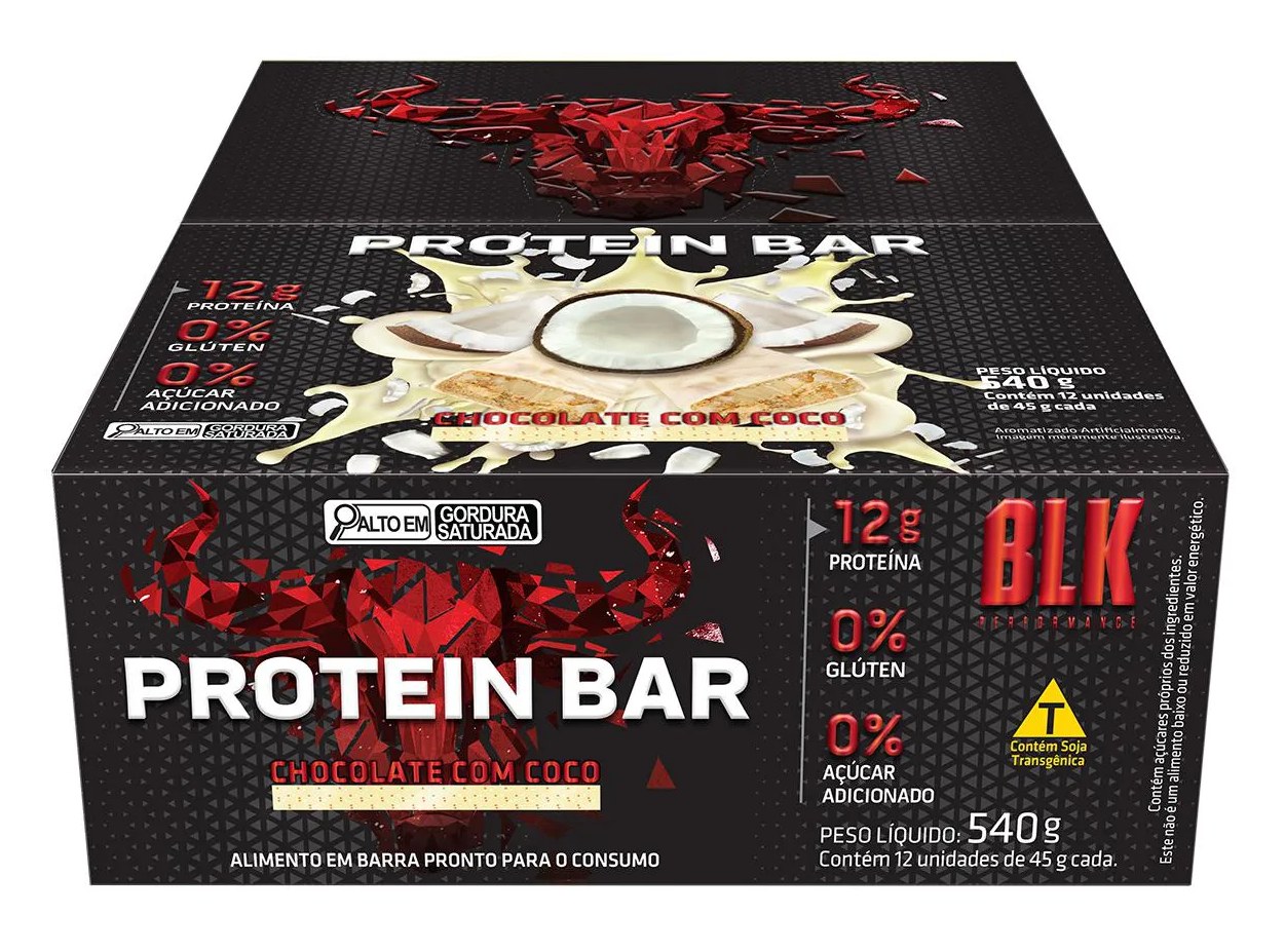 Protein Bar Blk - Barra de Proteína 12 Unidades # Original # Sabor Chocolate com Coco