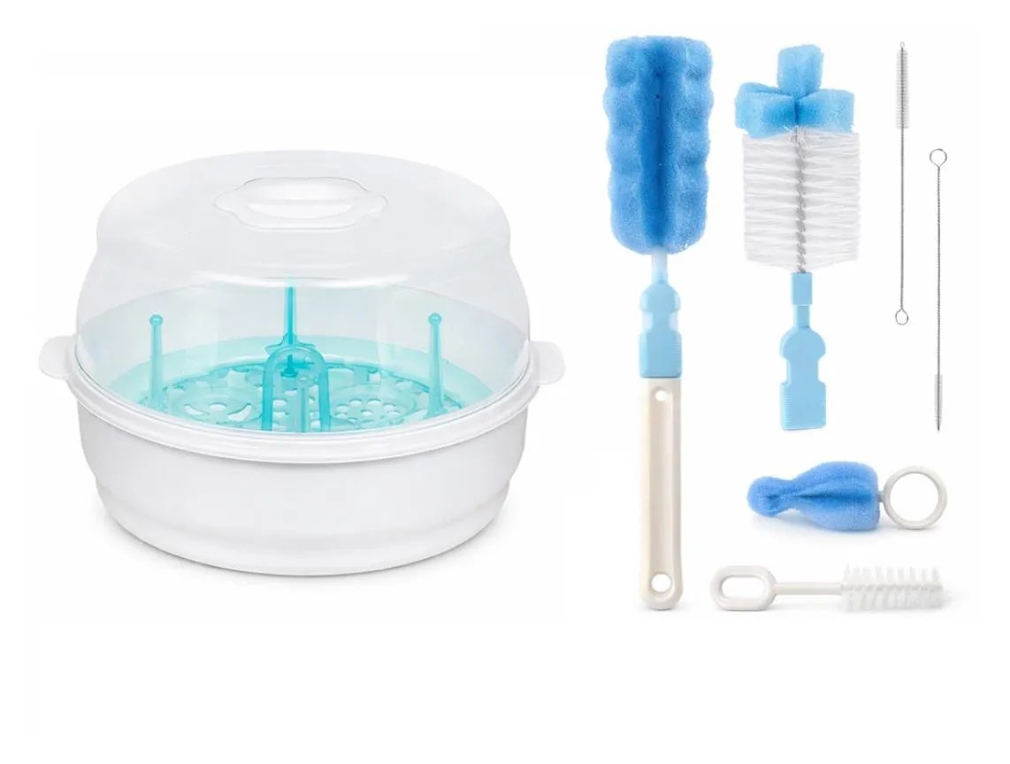 Esterilizador + Escova de Mamadeiras e Canudo Azul Buba