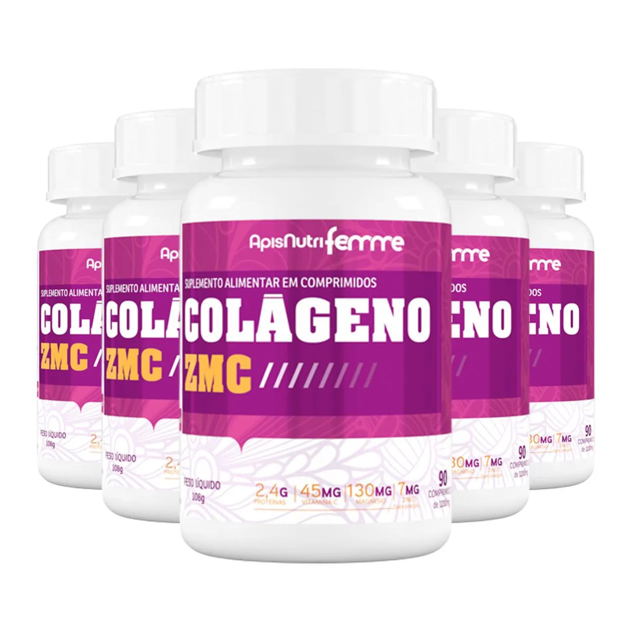 Kit 5 Colágeno Zmc Apisnutri Femme 1200Mg 90 Comprimidos
