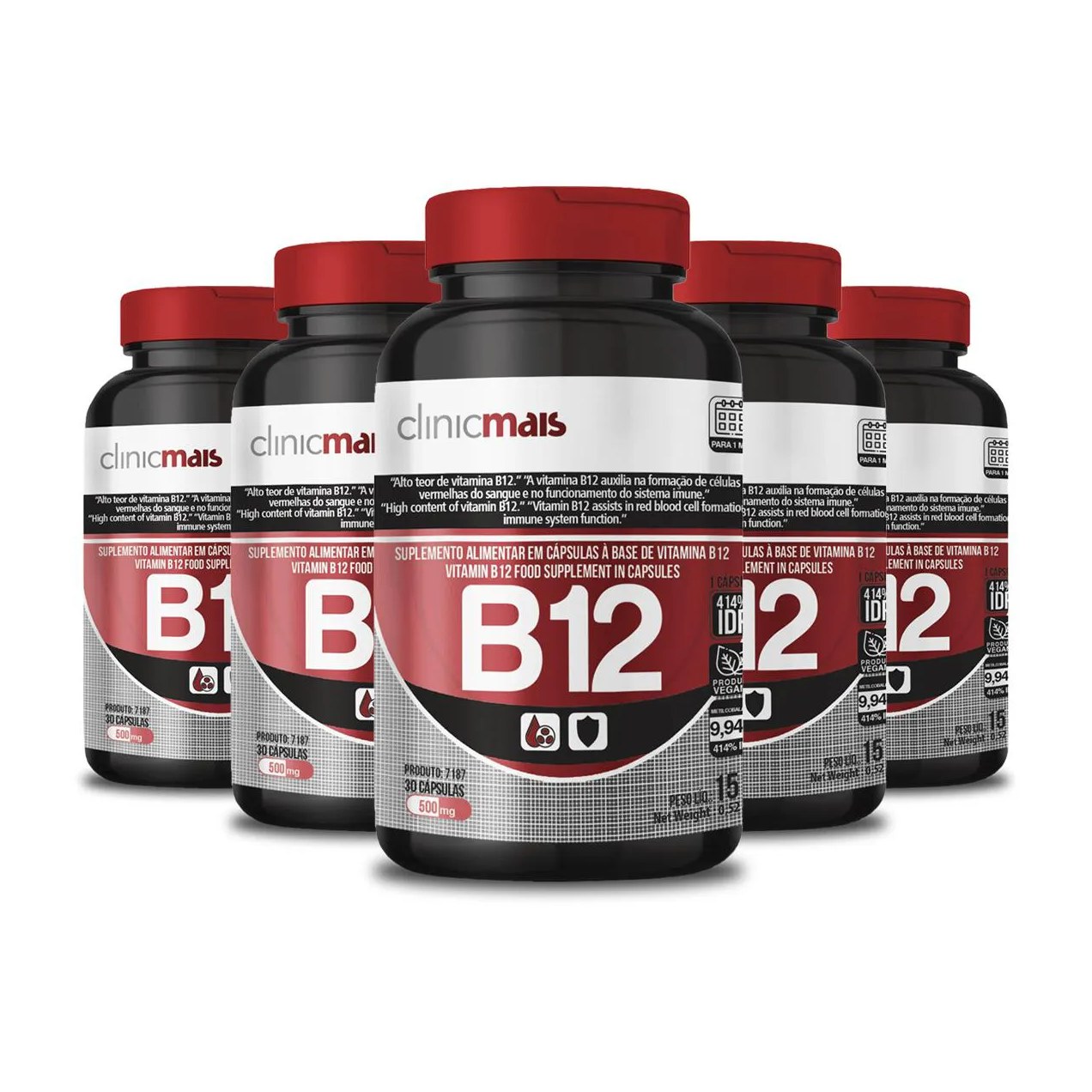 Kit 5 Vitamina B12 500Mg Clinicmais 30 Cápsulas