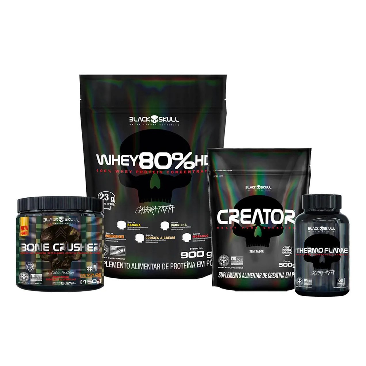Kit Whey 80% Hd + Creator 500G + Thermo Flame 60 Tabs + Pré-Treino Bone Crusher Fruit Punch 150G - Black Skull NA NA Chocolate