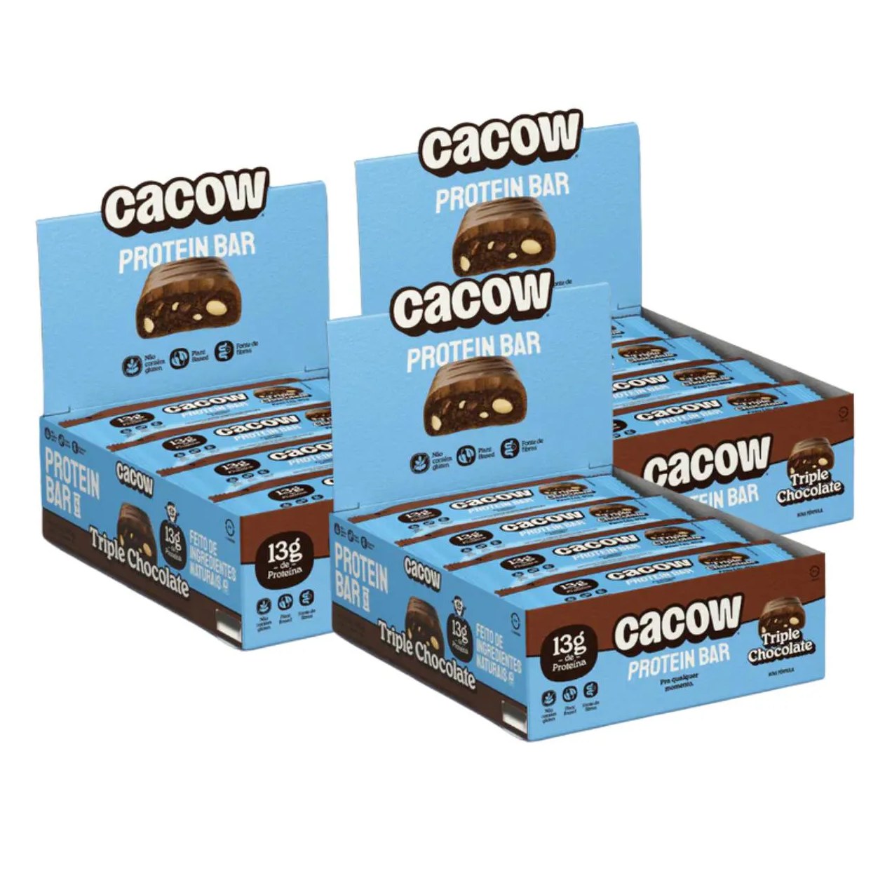 3X Barra de Proteina Vegana Cacow Triple Chocolate 12 Unidades 40G